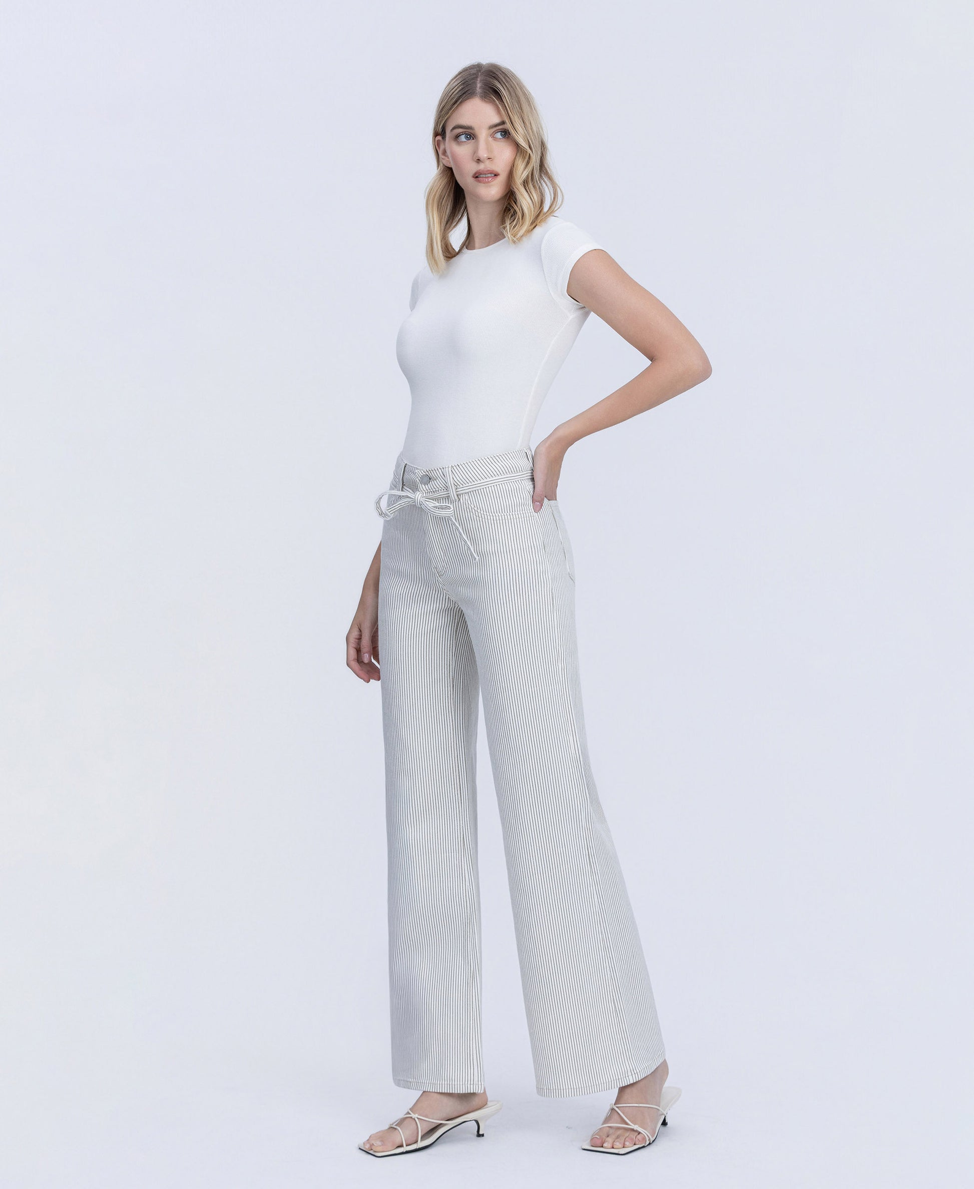 Left 45 degrees product image of Stripe - High Rise Waist Tie Extreme Wide Leg Jeans
