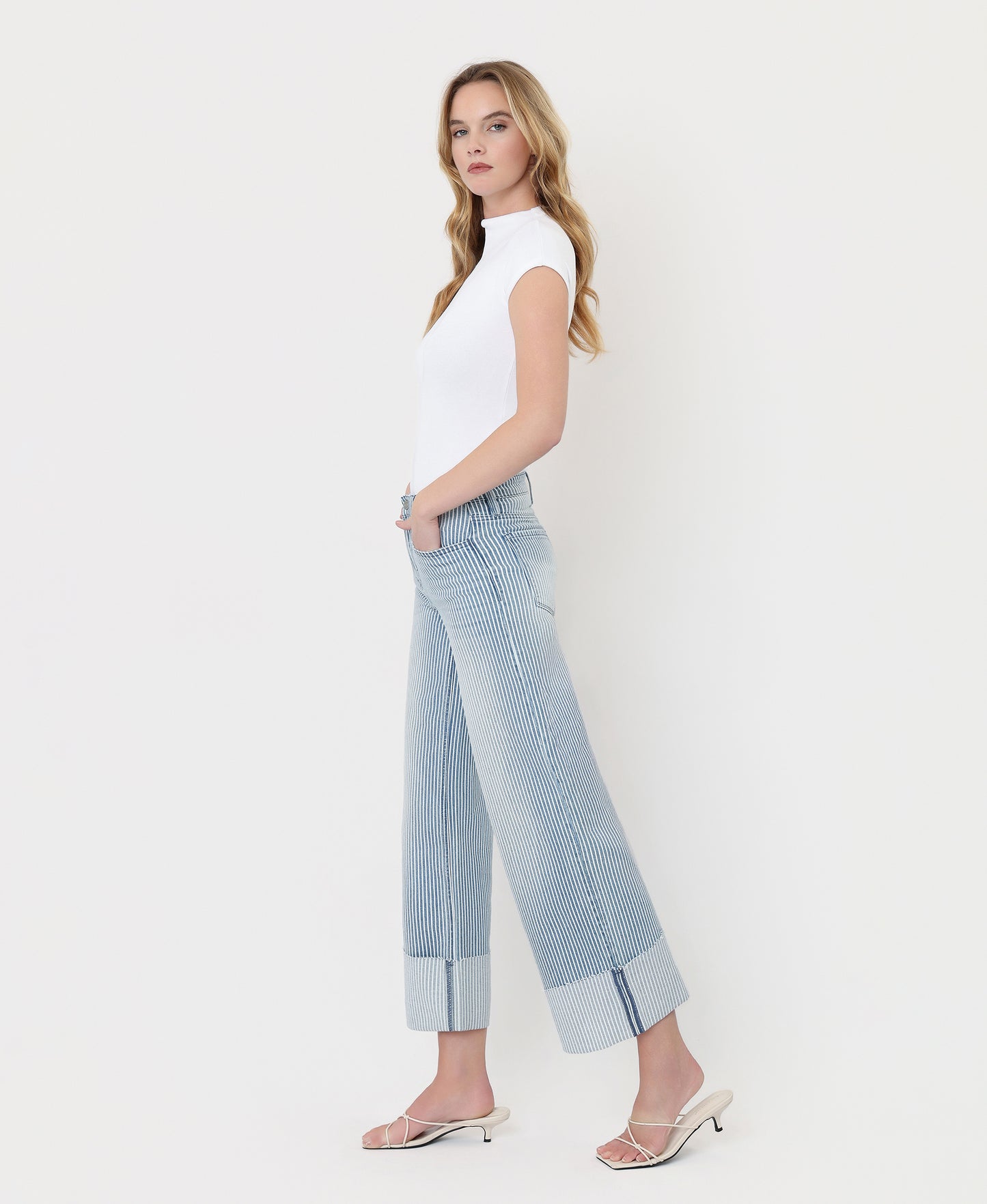 Left side product images of Stripe - High Rise Cuffed Crop Wide Leg Jeans