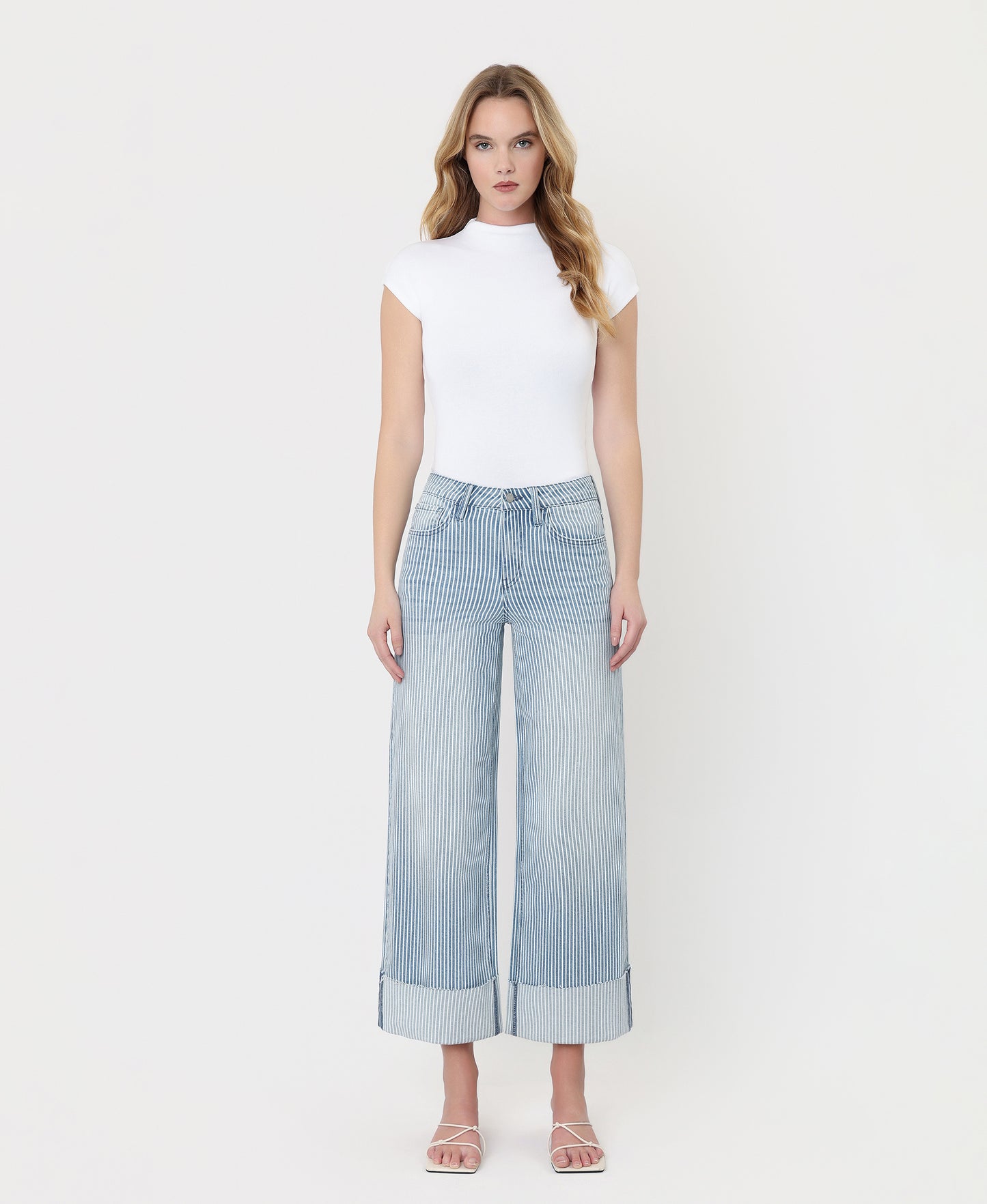 Front product images of Stripe - High Rise Cuffed Crop Wide Leg Jeans