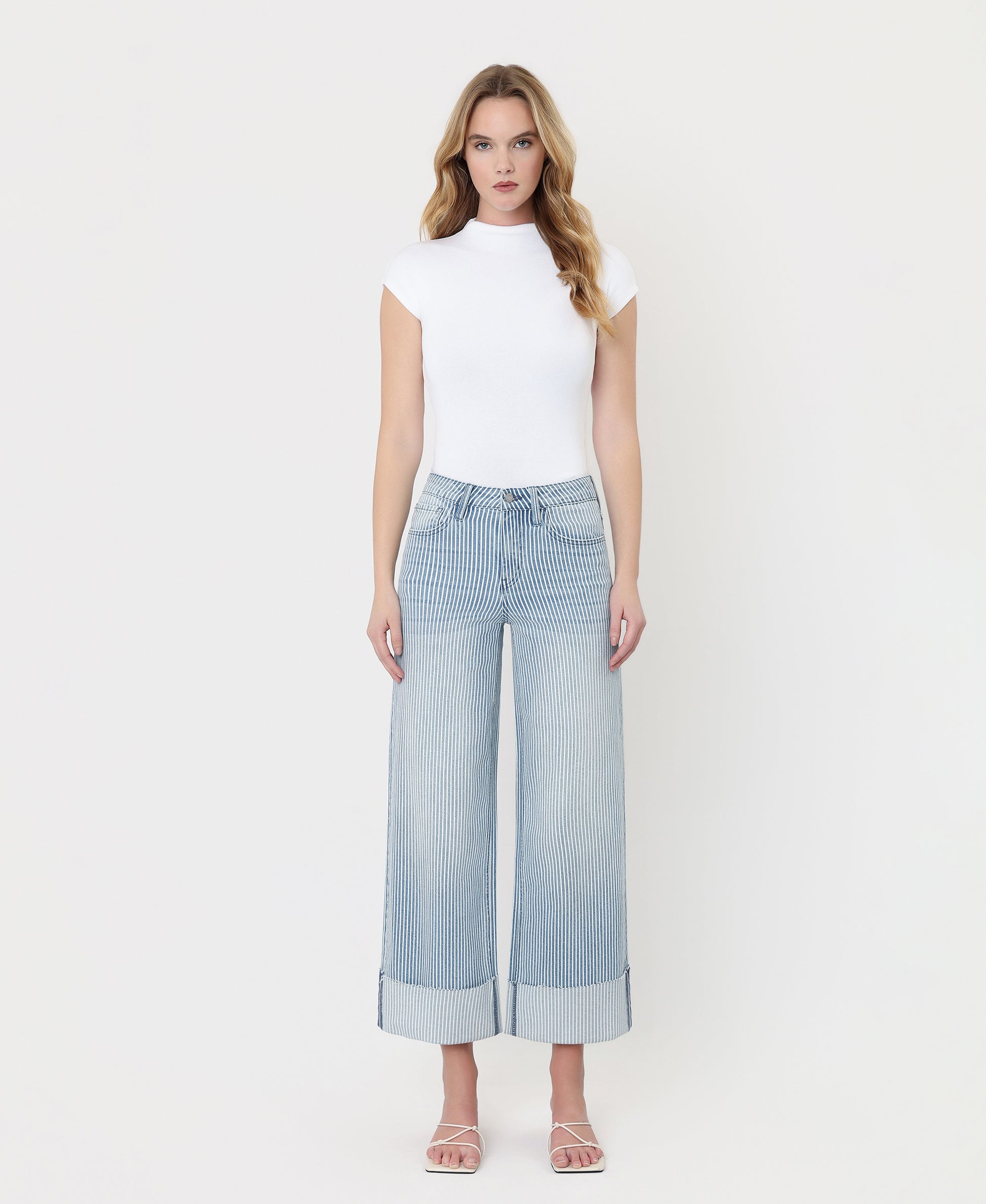 Front product images of Stripe - High Rise Cuffed Crop Wide Leg Jeans