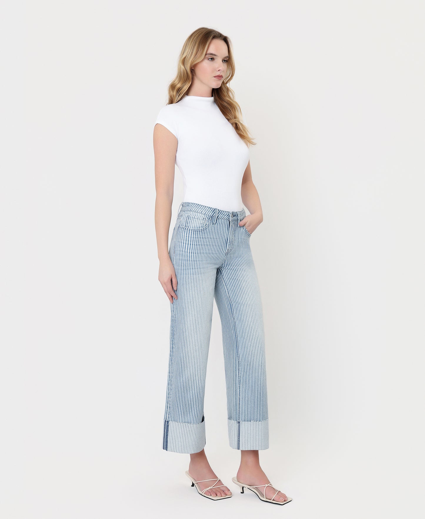 Right 45 degrees product image of Stripe - High Rise Cuffed Crop Wide Leg Jeans