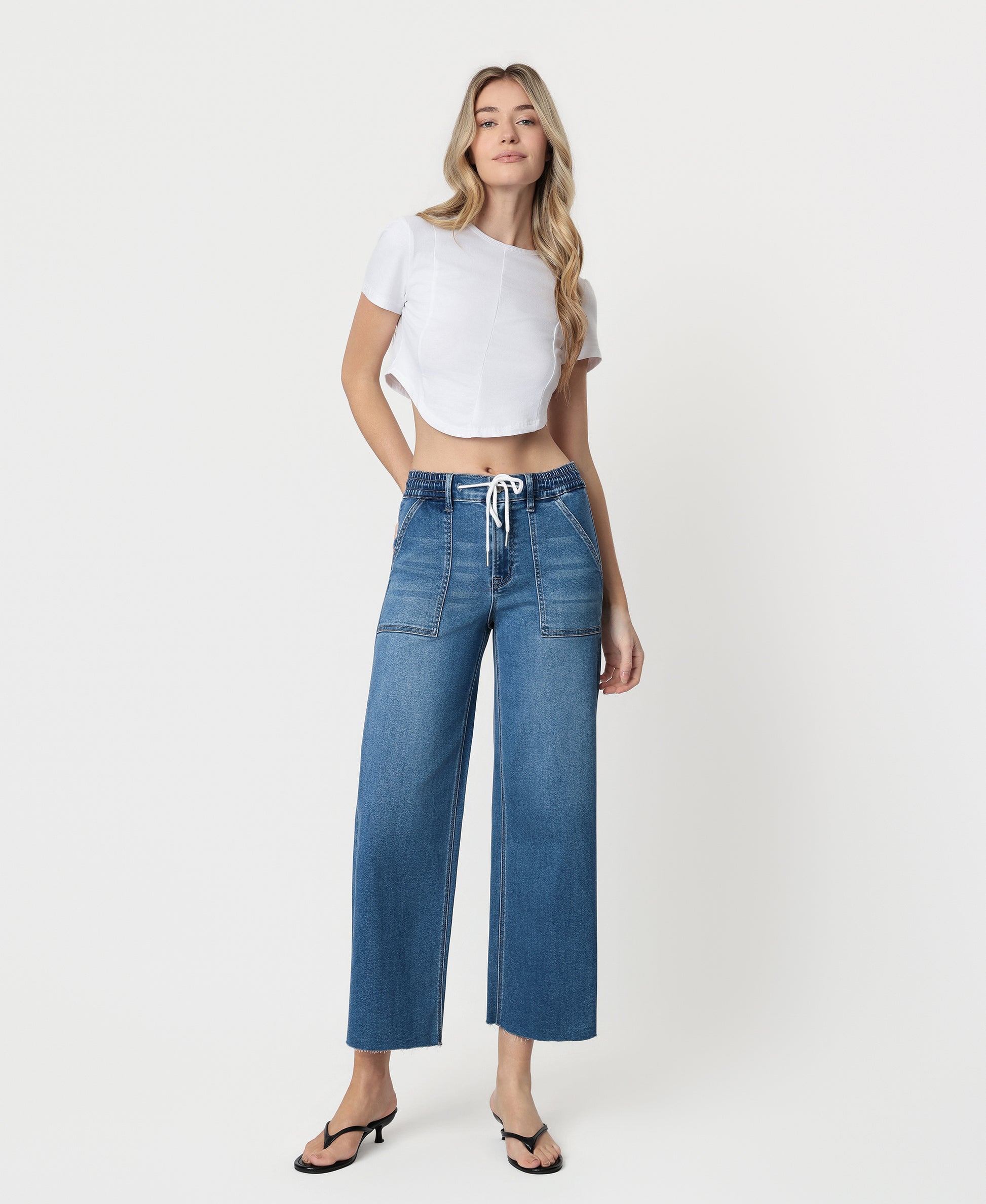 Front product images of Enviably - High Rise Super Soft Drawstring Baggy Wide Leg Jeans