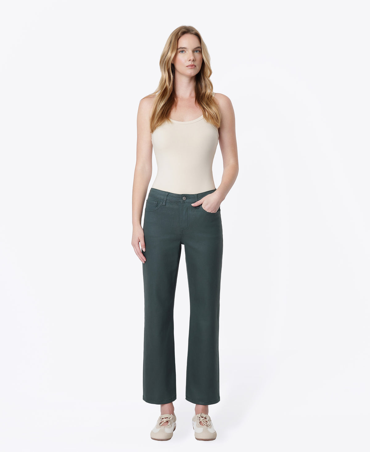 Front product images of Darkest Spruce - High Rise Coated Crop Straight Jeans