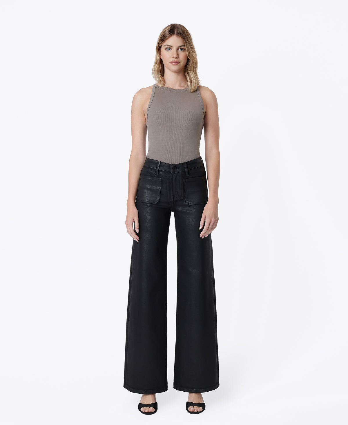 Front product images of Black - High Rise Patch Pocket Coated Wide Leg Jeans