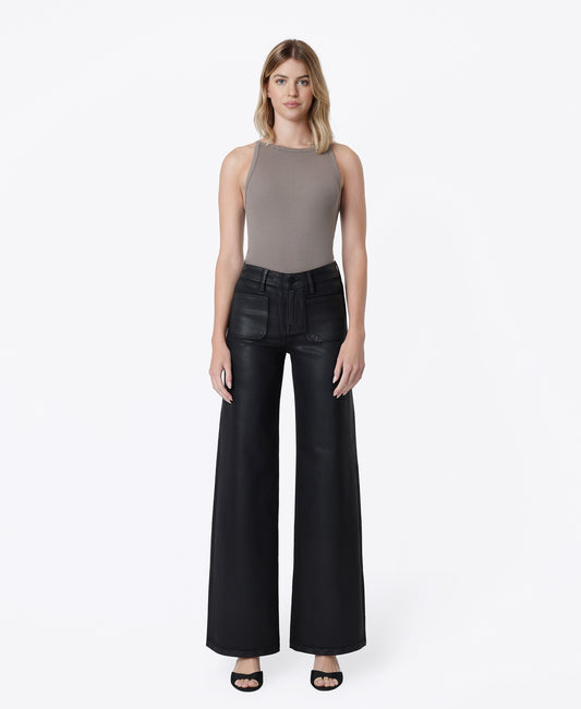 Front product images of Black - High Rise Patch Pocket Coated Wide Leg Jeans