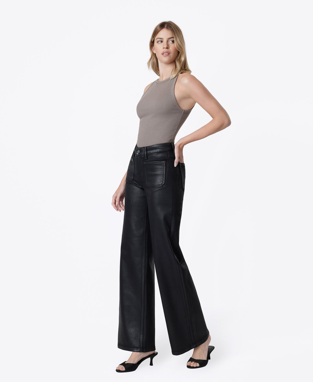 Left 45-degree product image of Black - High Rise Patch Pocket Coated Wide Leg Jeans
