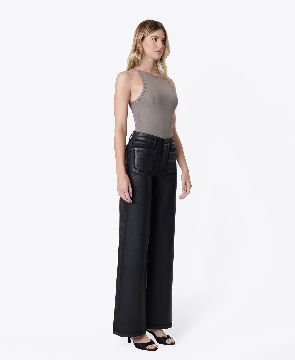 Right 45 degrees product image of Black - High Rise Patch Pocket Coated Wide Leg Jeans