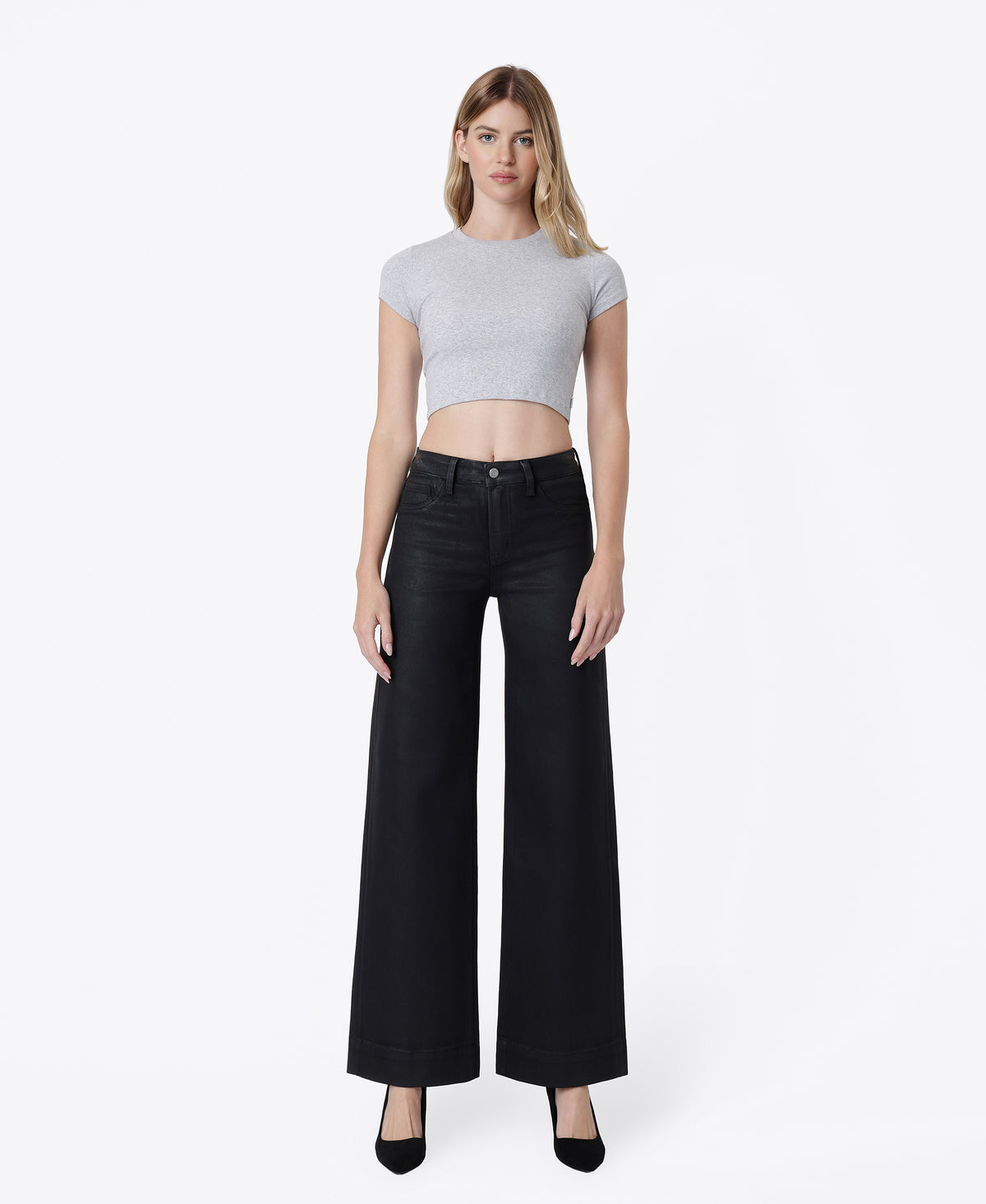 Front product images of Black - High Rise Trouser Hem Coated Wide Leg Jeans