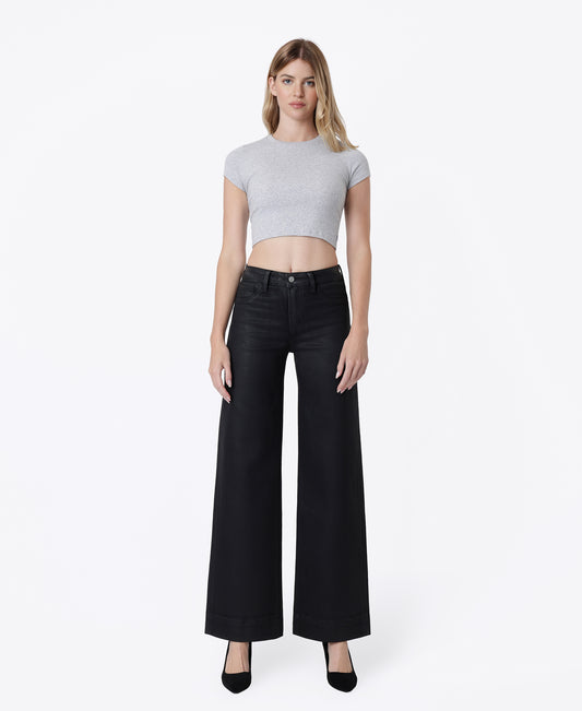 Front product images of Black - High Rise Trouser Hem Coated Wide Leg Jeans