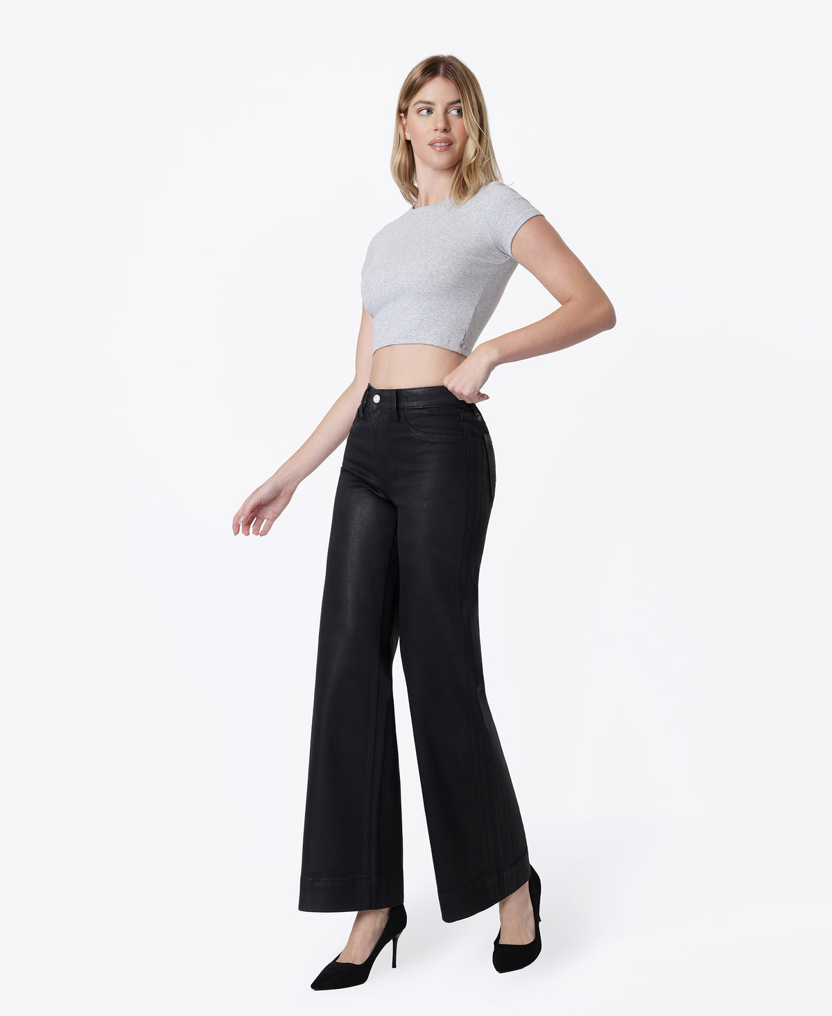 Left 45 degrees product image of Black - High Rise Trouser Hem Coated Wide Leg Jeans