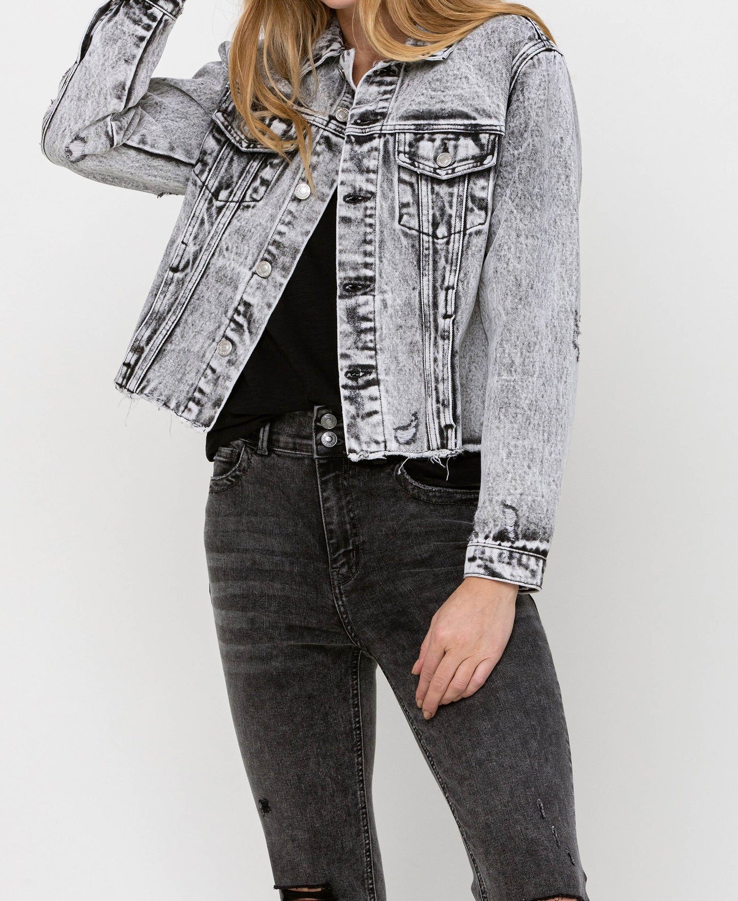 Left 45 degrees product image of Escala - Distressed Black Acid Wash Classic Crop Jacket