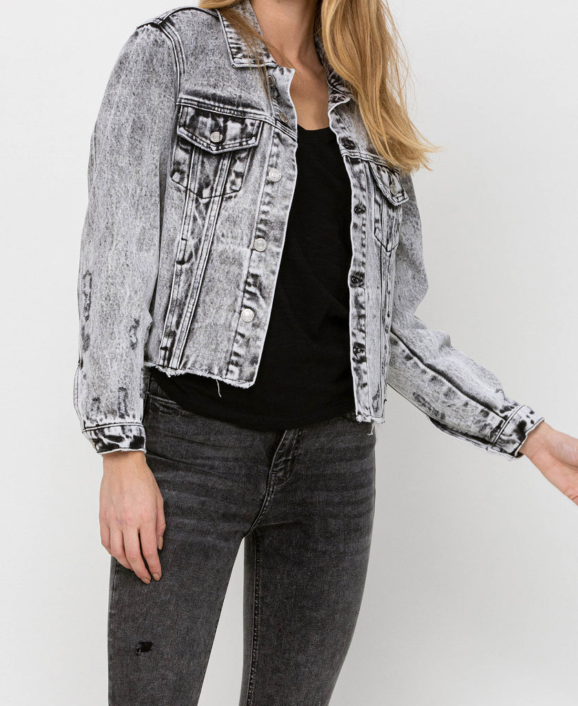 Right 45 degrees product image of Escala - Distressed Black Acid Wash Classic Crop Jacket