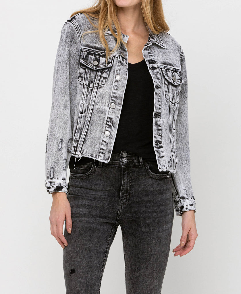 Front product images of Escala - Distressed Black Acid Wash Classic Crop Jacket