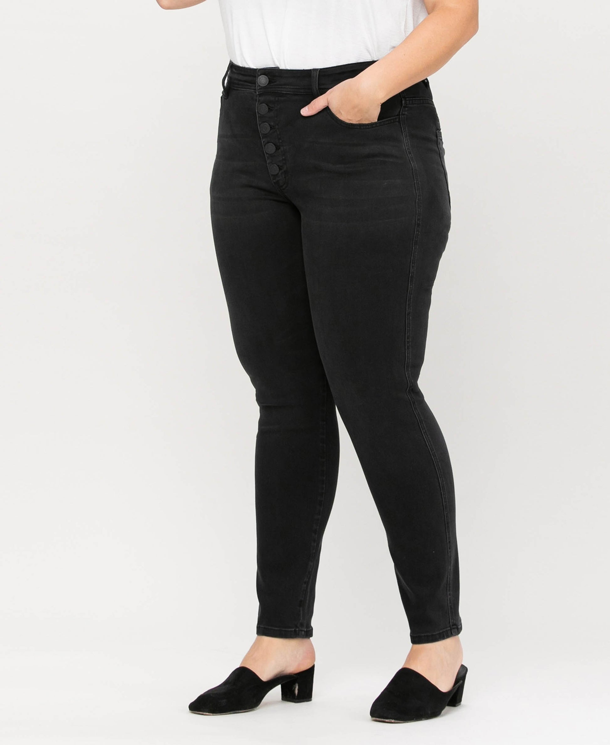 Left 45 degrees product image of Love Bug - Plus High Rise Button Up Skinny Jeans