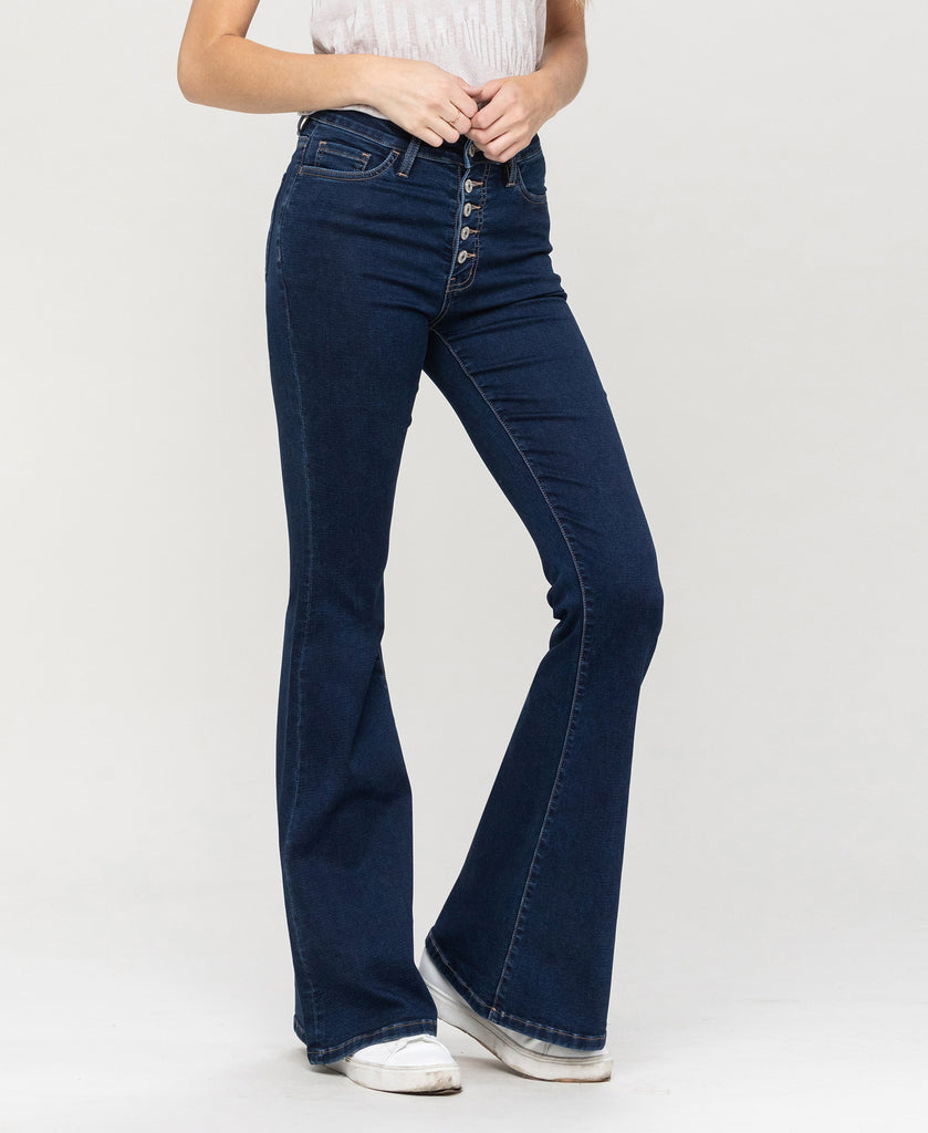 Left 45 degrees product image of Escapade - High Rise Button Up Super Flare Jeans
