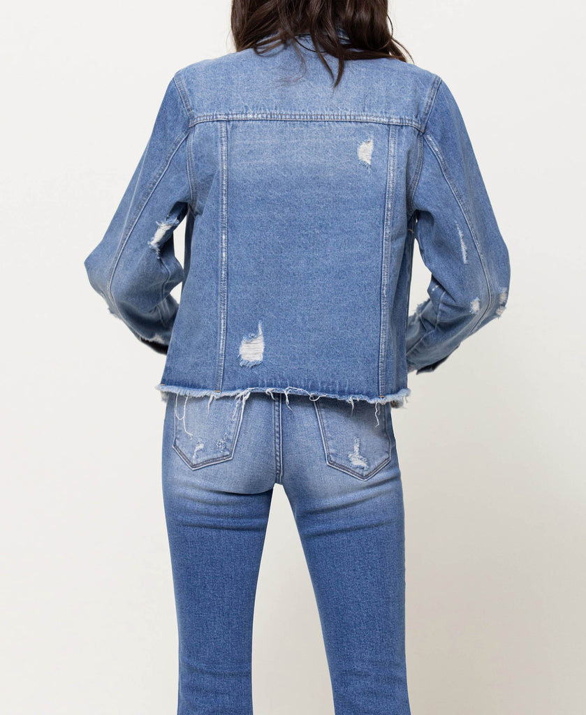 Back product images of Plot Twist - Classic Denim Jacket with Raw Hem Denim Jeans Jacket