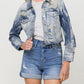 Front product images of Yumi - Rigid Classic Crop Denim Jacket W Blue Tie Dye Wash