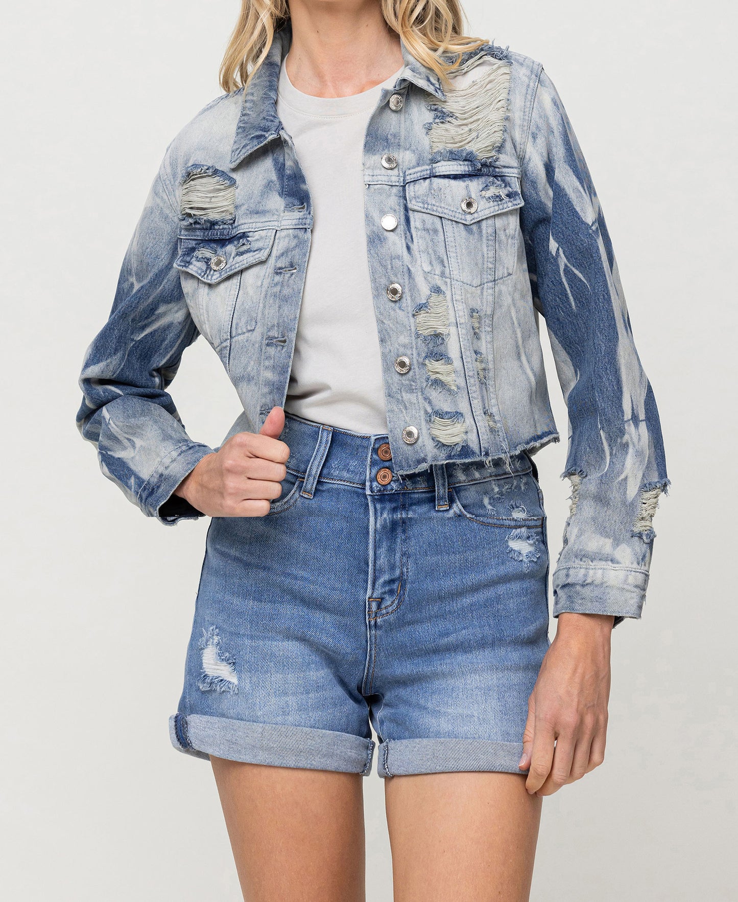 Front product images of Yumi - Rigid Classic Crop Denim Jacket W Blue Tie Dye Wash