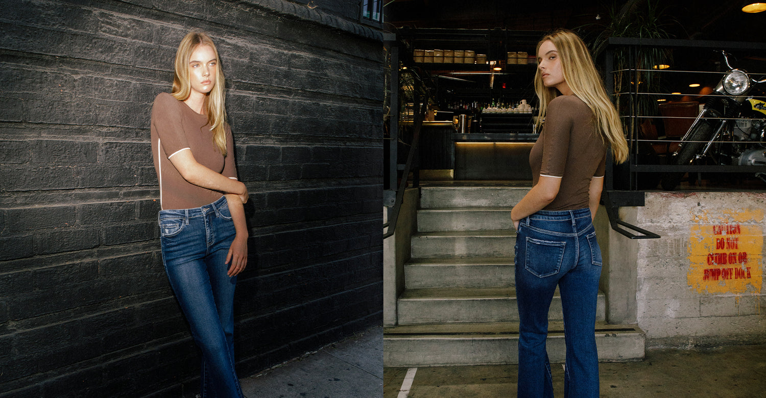 Front and back views of a model wearing Vervet Denim women's jeans at a motorcycle café. Featured in the main banner for Vervet Denim.